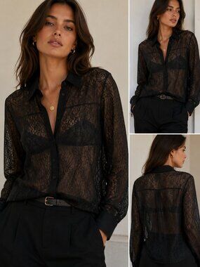 NWT Black Sheer Lace Button Down Blouse Women’s Long Sleeve- Size 2